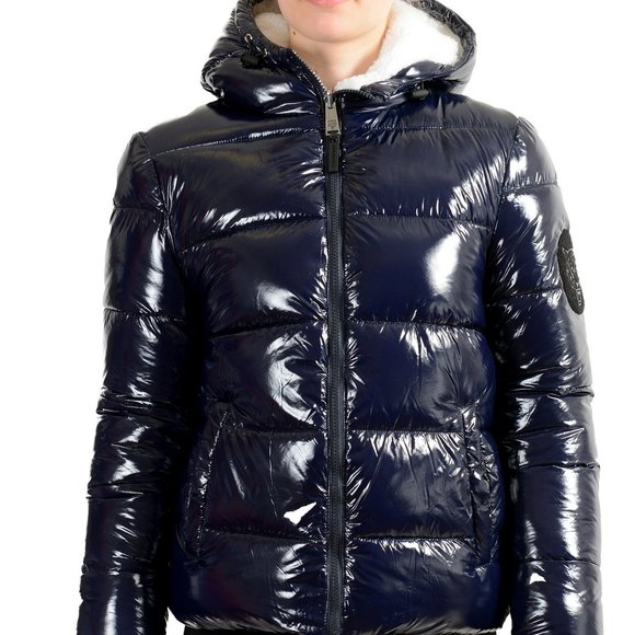 Plein Sport Women's Navy Hooded Reversible Sherpa Logo Print Parka Jacket